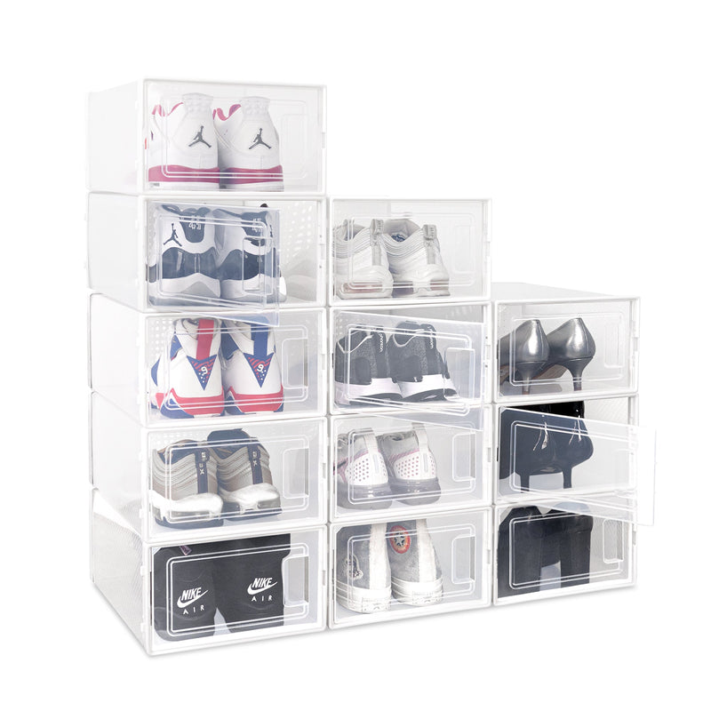 OLLIE SOFT PLASTIC Drop Front Stackable Shoe Box Organizer, Medium Clear